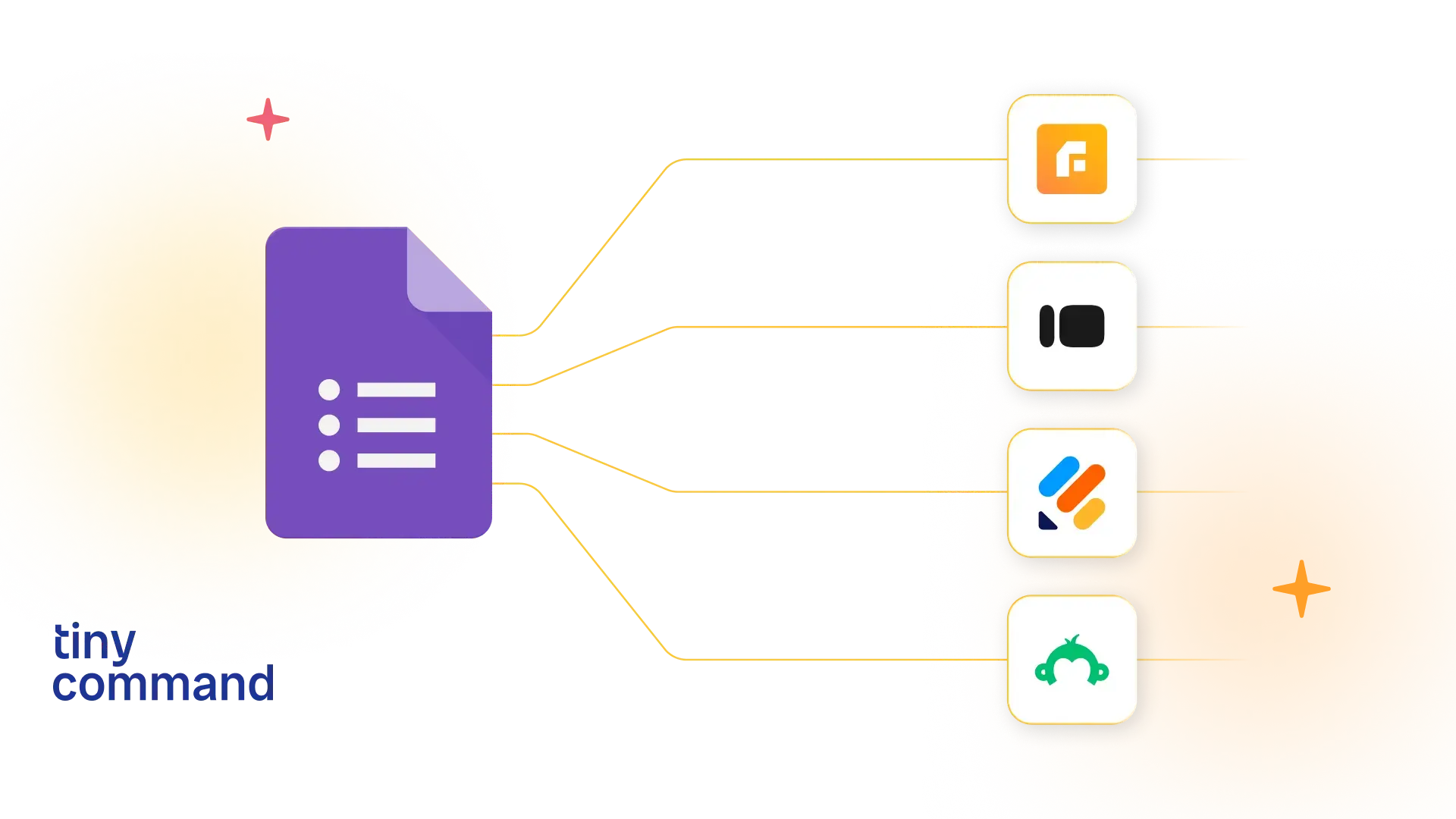 Automate your work at tinycommand.com -Tiny Command dashboard interface showing a workflow automation builder with connected nodes for forms, data tables, and integrations, designed in a clean and minimal style.