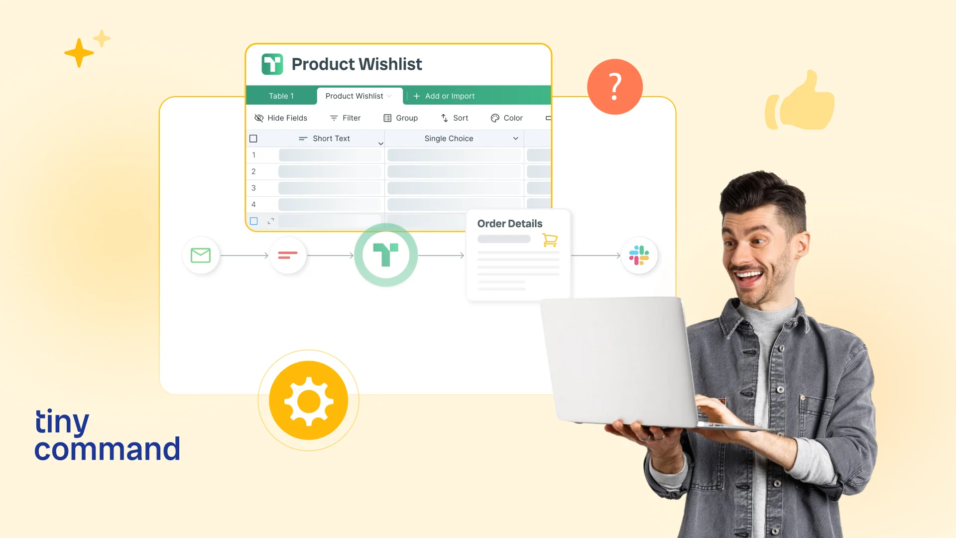 TinyCommand automation workflow showing product wishlist table, order details, email, and Slack integration with a happy user on laptop