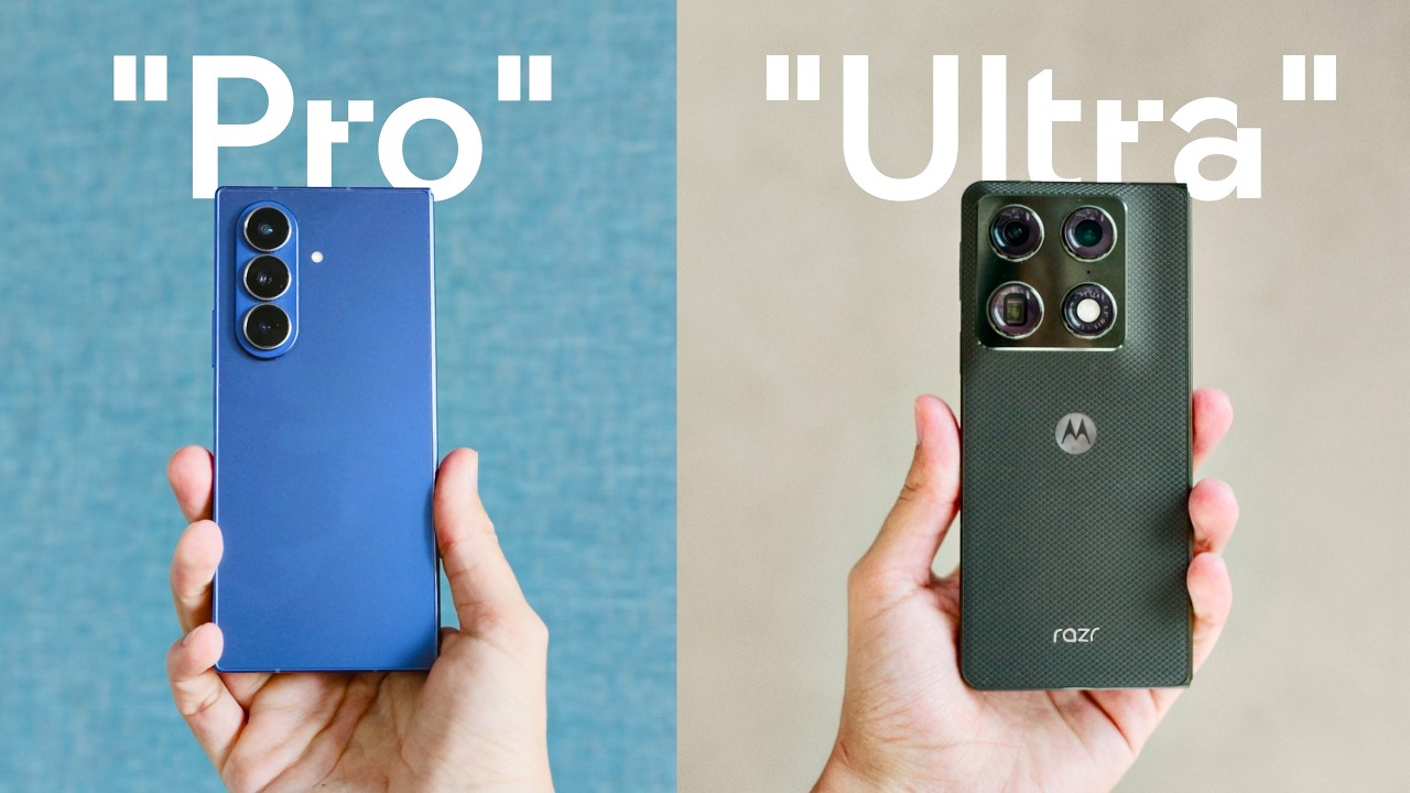 Hand hält zwei Smartphones, links blaues Pro neben grünem Ultra mit vier Kameras.