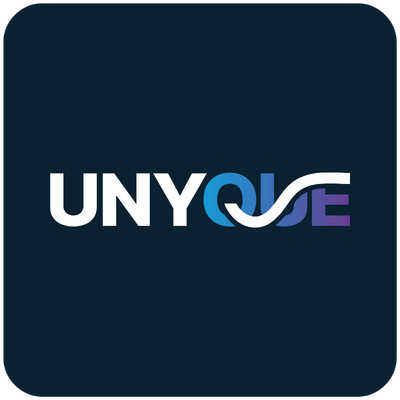 Unyque Logo with stylized blue and purple letters on a dark background.