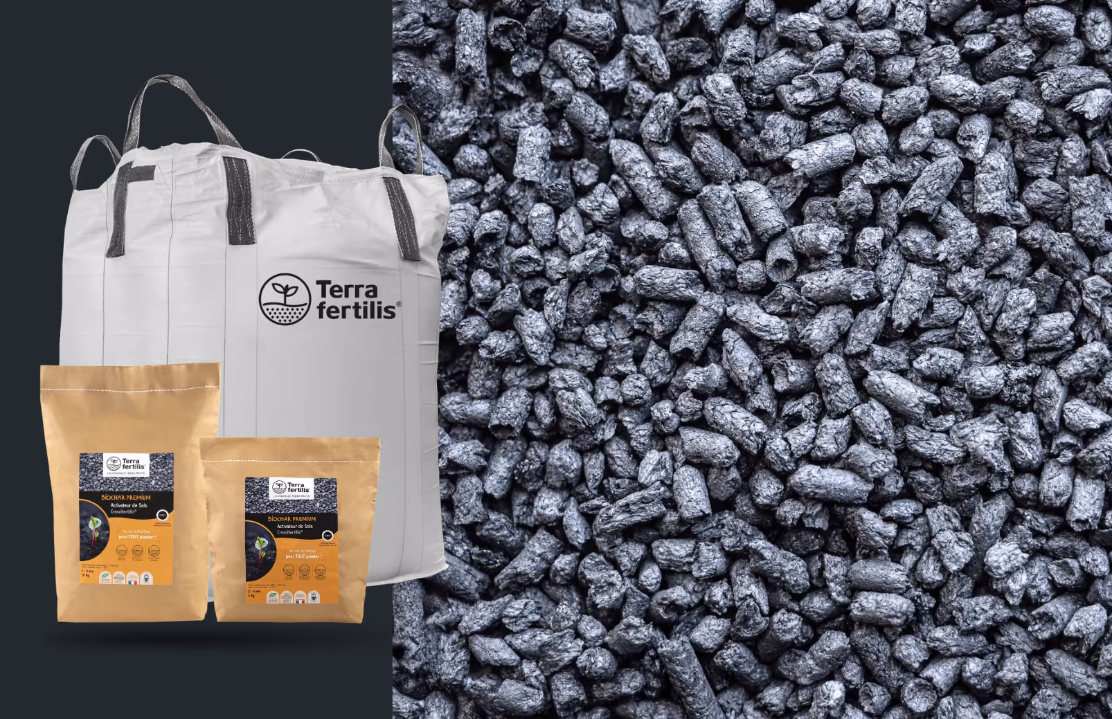 Three Terra fertilis product bags of different sizes displayed next to a close-up of granular biochar pellets.