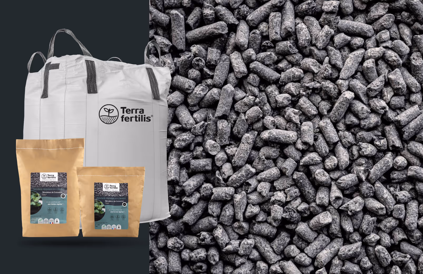 Three bags of Terra Fertilis biochar fertilizer with black pelletized biochar on the right side.