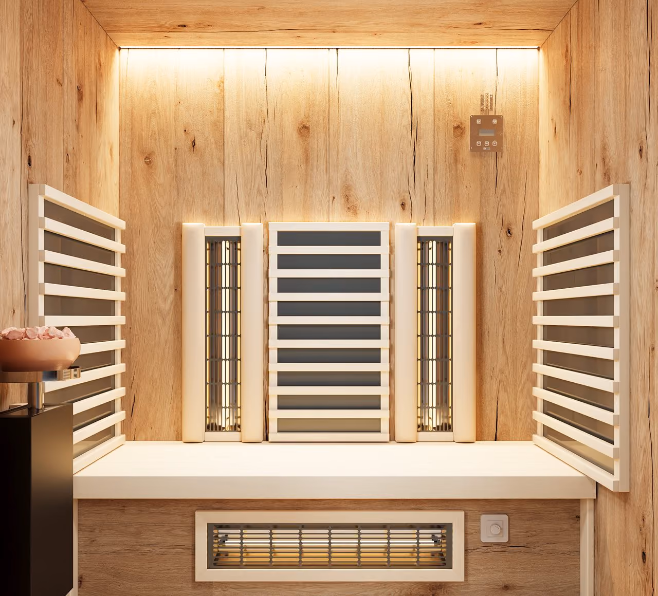 Infrarotkabine mit Holzlatten-Design und integrierten Heizelementen