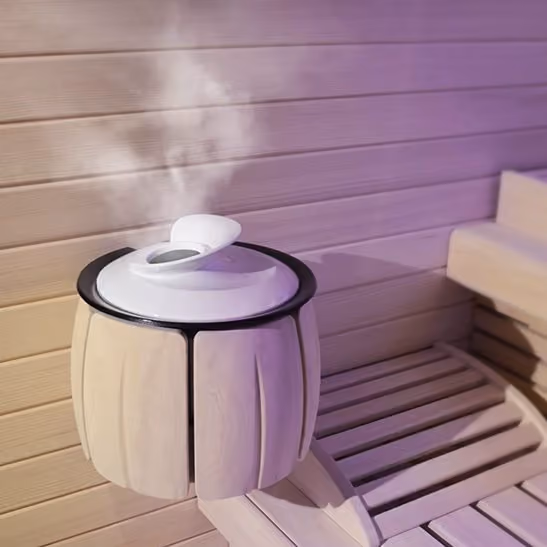 Moderne Thermium Sauna mit heller Holzverkleidung und Glaselement im Wohnraum