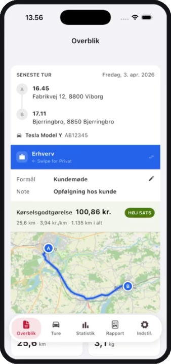 intopit Fleet app, overblik med seneste tur