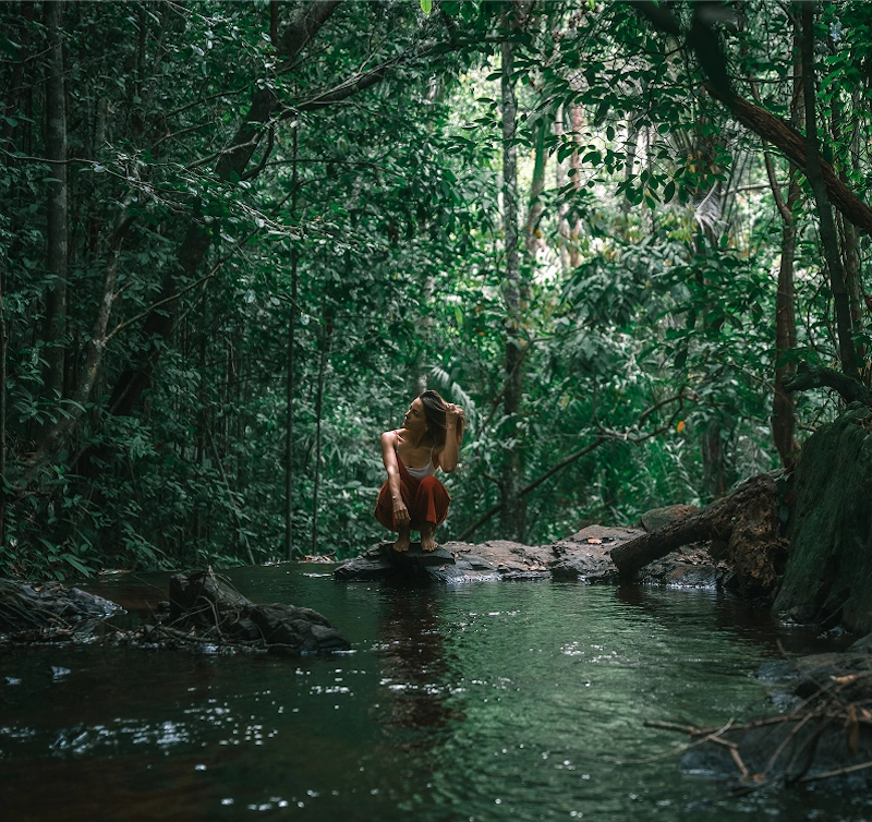 Woman squatting on rocks by a calm forest stream surrounded by dense green foliage.