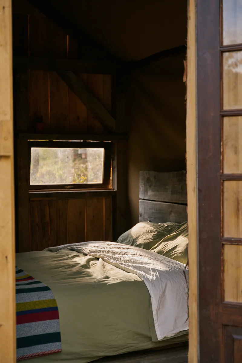Woman relaxing in a hammock on the porch of a wooden cabin surrounded by palm trees and green lawn.