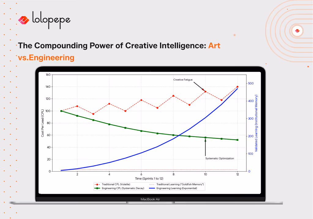 Graph comparing "Art vs. Engineering" shows fluctuating red line for art and steady green and rising blue lines for engineering, illustrating concepts of "Creative Fatigue" and "Systematic Optimization."