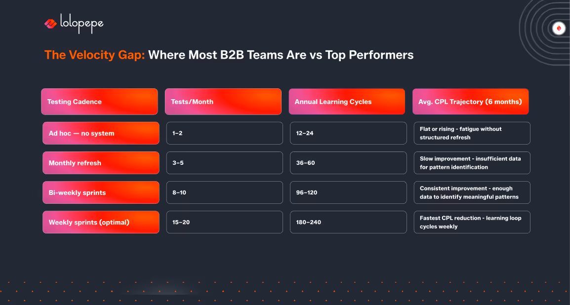 Business comparison chart titled 'The Velocity Gap' showing B2B team performance metrics. Categories include Testing Cadence, Tests/Month, Annual Learning Cycles, and Avg. CPL Trajectory over 6 months. Testing Cadence ranges from 'Ad hoc' to 'Weekly sprints (optimal)'. Tests/Month shows increasing tests from 1-20. Annual Learning Cycles range from 12-240. Avg. CPL Trajectory indicates improvement speed, with weekly sprints being fastest. Colors: red and purple gradients on a dark background.
