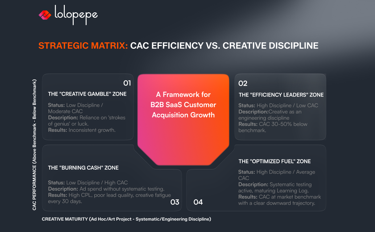 Strategic matrix diagram titled 'CAC Efficiency vs. Creative Discipline' with four zones: Creative Gamble, Efficiency Leaders, Burning Cash, Optimized Fuel. Center highlights a framework for B2B SaaS growth. Background is dark with red, orange, and gray accents.