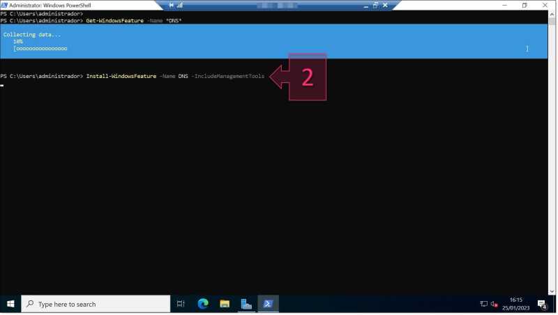 Run PowerShell to install the DNS service and management tools