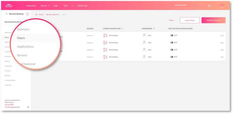 Screen for bulk importing users and configuring them on the Remote Desktop service