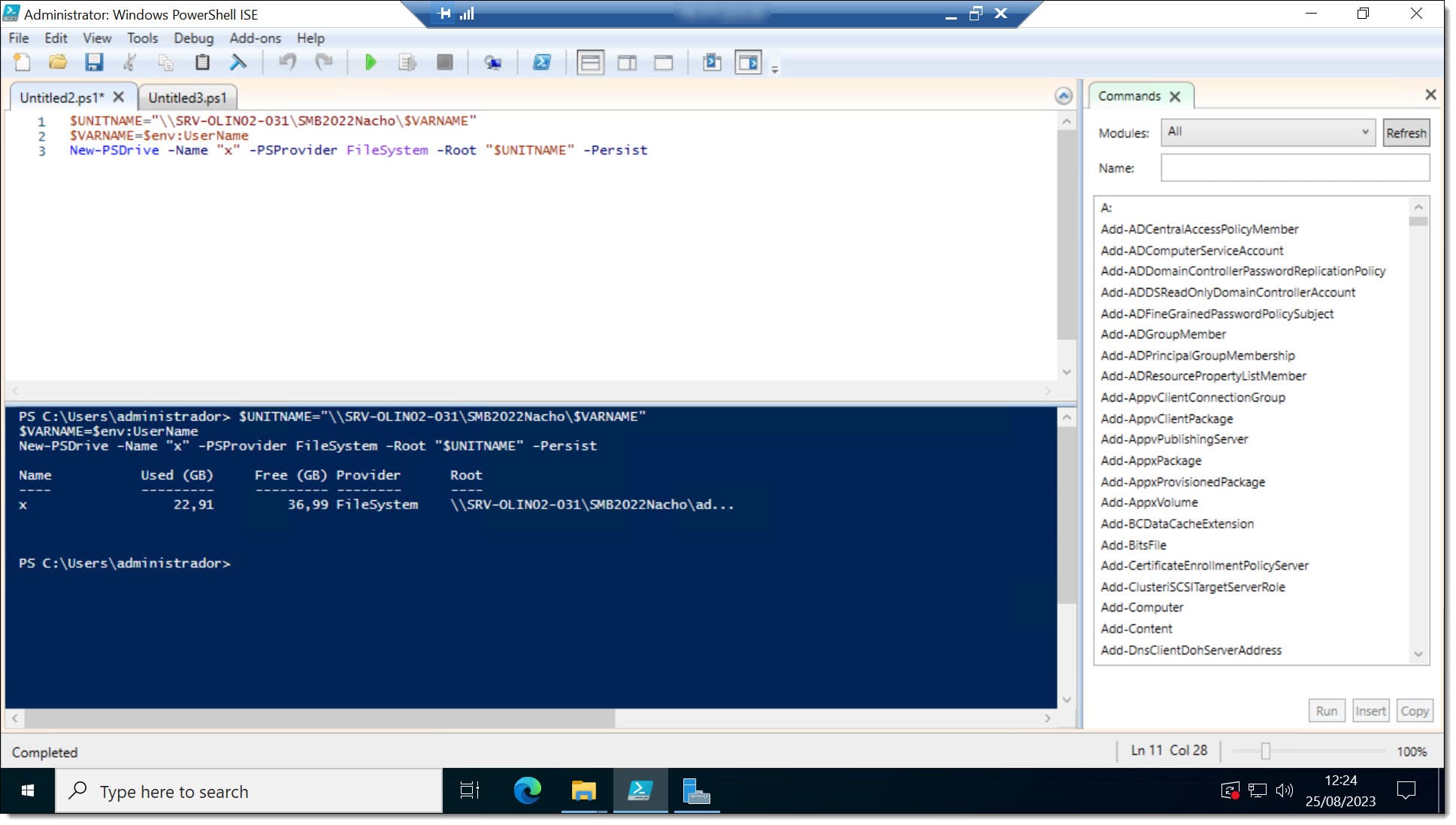 Imagen. Ejecución del script PowerShell para el mapeo de unidades personales en ISE