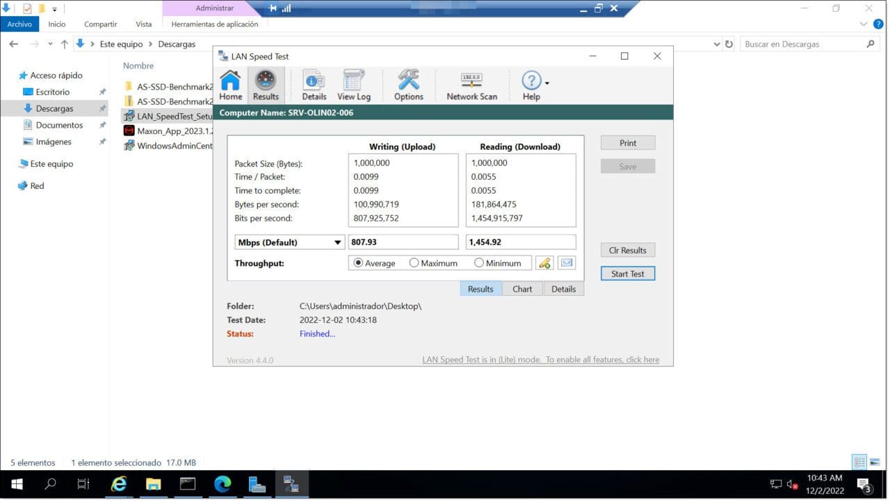Imagen. Ejecución de test Lan sobre una VM rendimiento OVH y Jotelulu