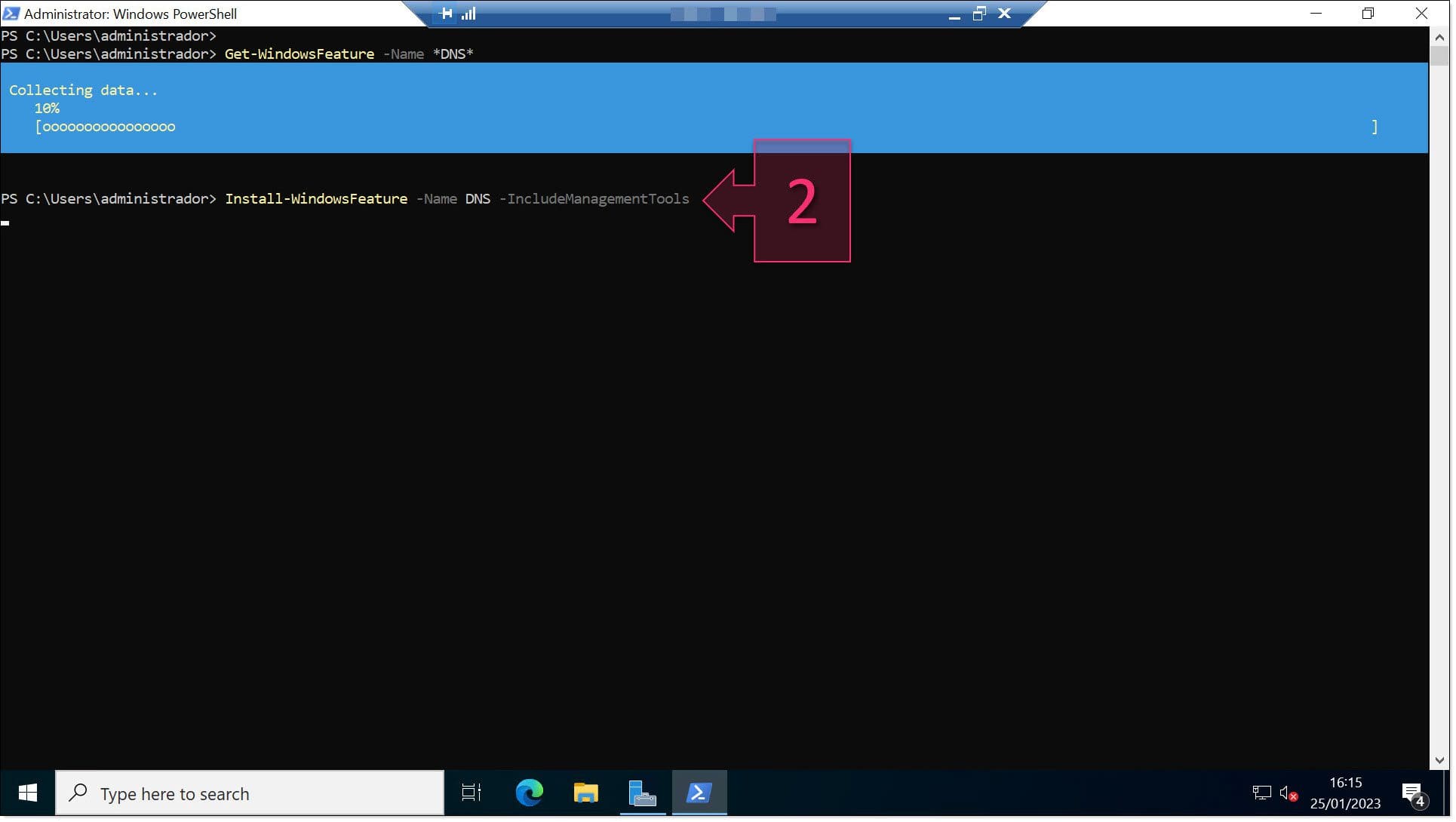 Lanzamos el comando de PowerShell para instalar el servicio y las herramientas del DNS