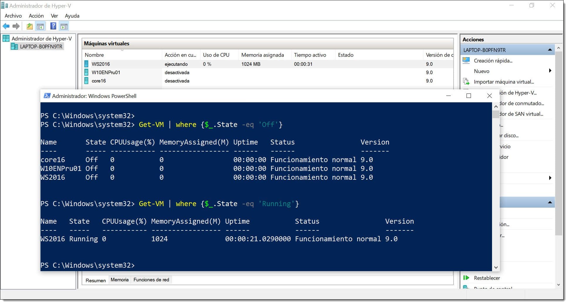 Imagen. Listado de las máquinas virtuales encendidas y apagadas en el servidor de Hyper-V con Powershell
