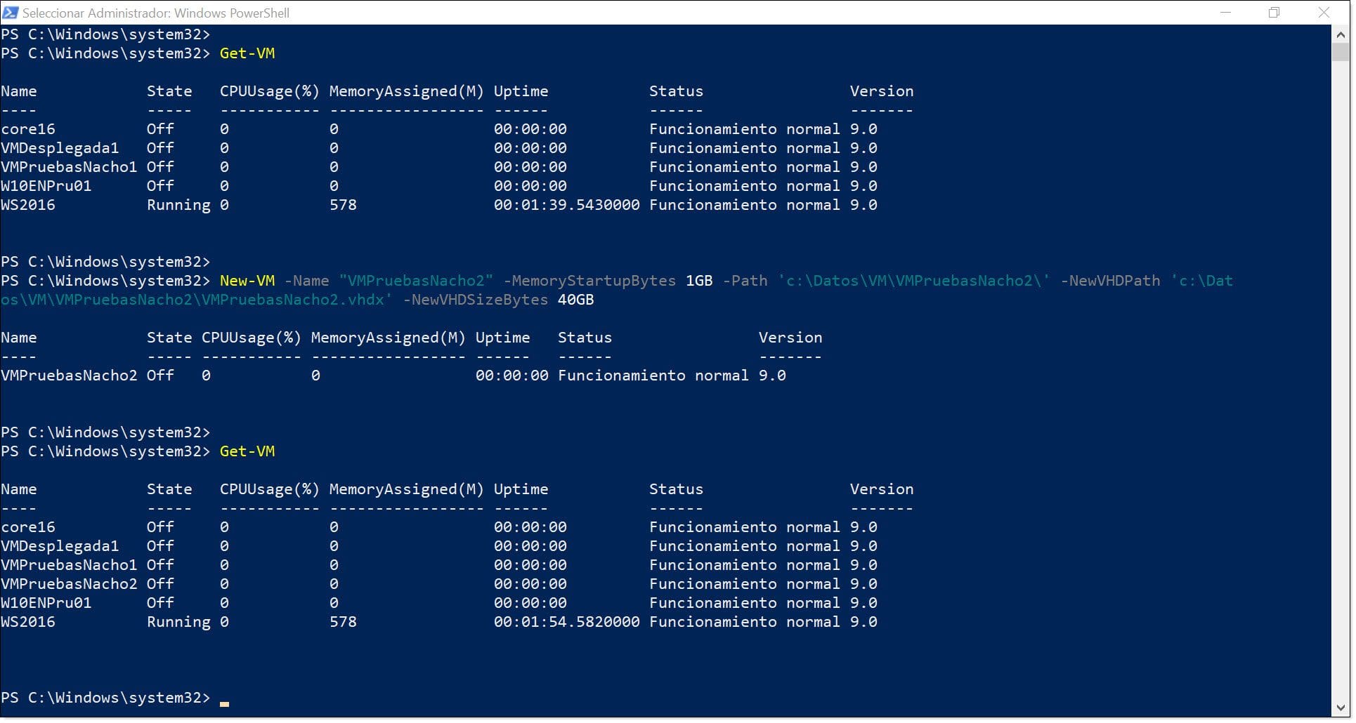 Imagen. Ejemplo de one-line de PowerShell para la provisión de una VM de Hyper-V Server
