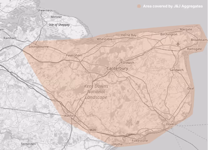 A map of J&J Aggregates delivery coverage