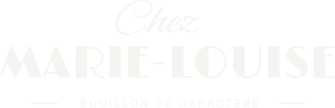 Logo Chez Marie-Louise avec le slogan Bouillon de caractère en style blanc sur fond noir.