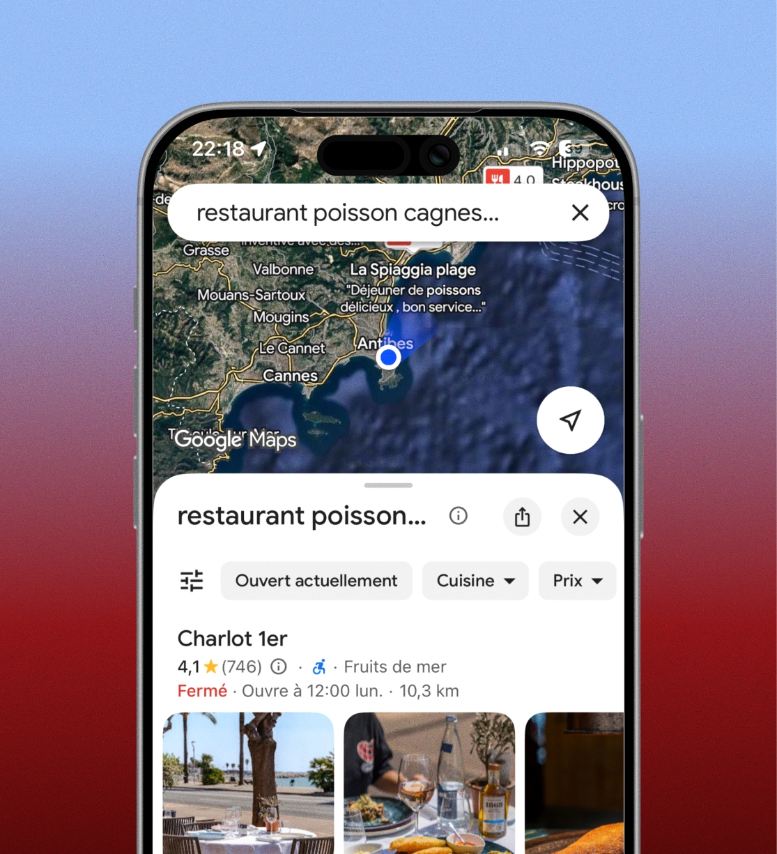 Vue d'un téléphone avec le restaurant Charlot 1er en 1ère position sur Google Maps