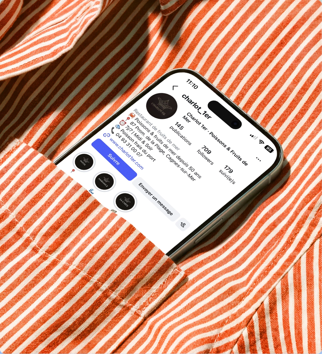 Compte instagram du restaurant Charlot 1er à Cagnes-sur-Mer vue sur un smartphone