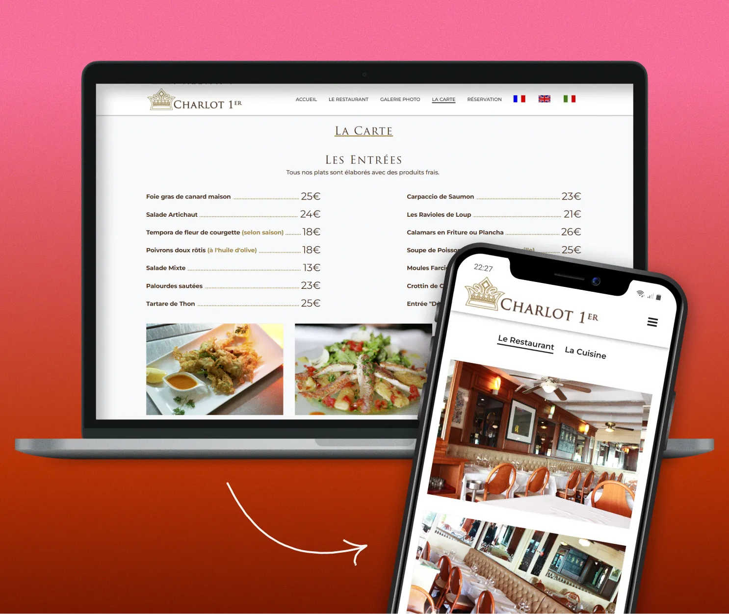 Site de restaurant affiché sur un ordinateur portable et sur un smartphone