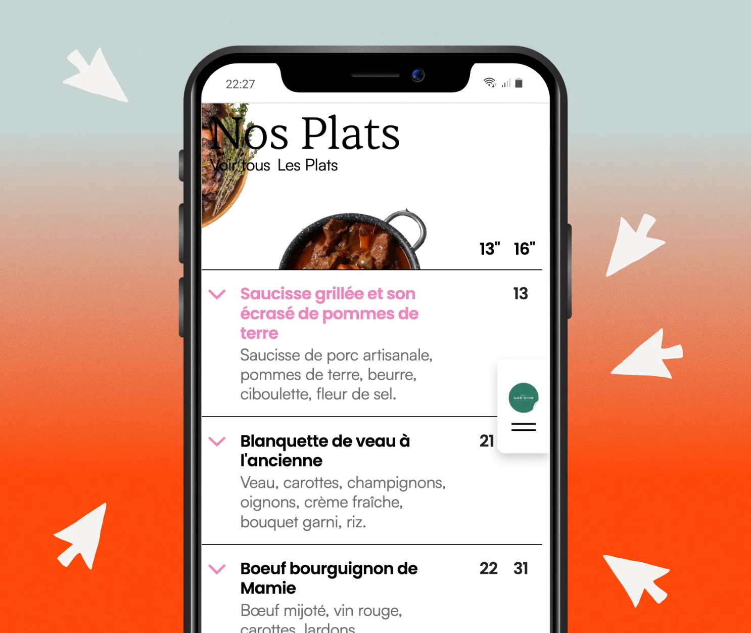 Carte du restaurant affichée directement sur le site, sur mobile