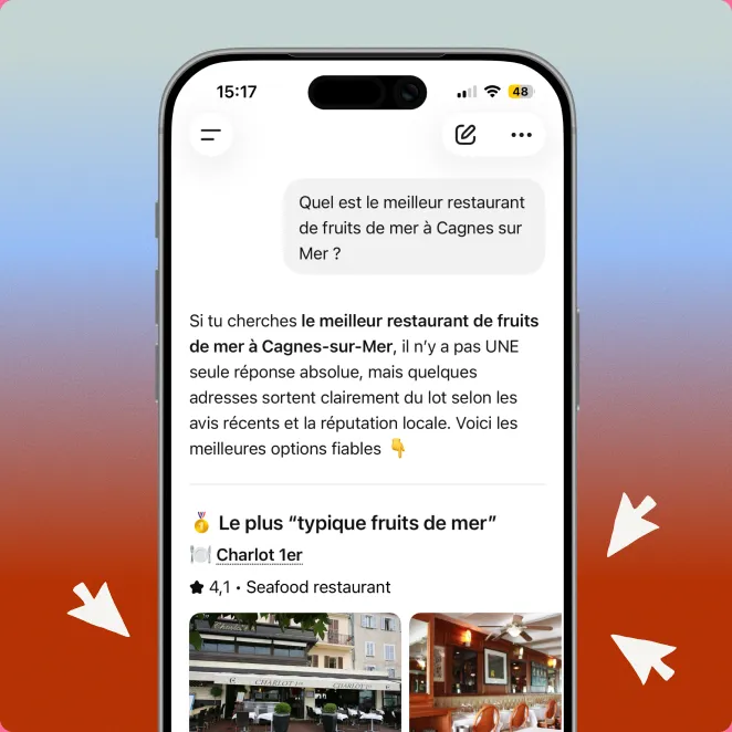 Réponse d’une IA recommandant un restaurant de fruits de mer à Cagnes-sur-Mer