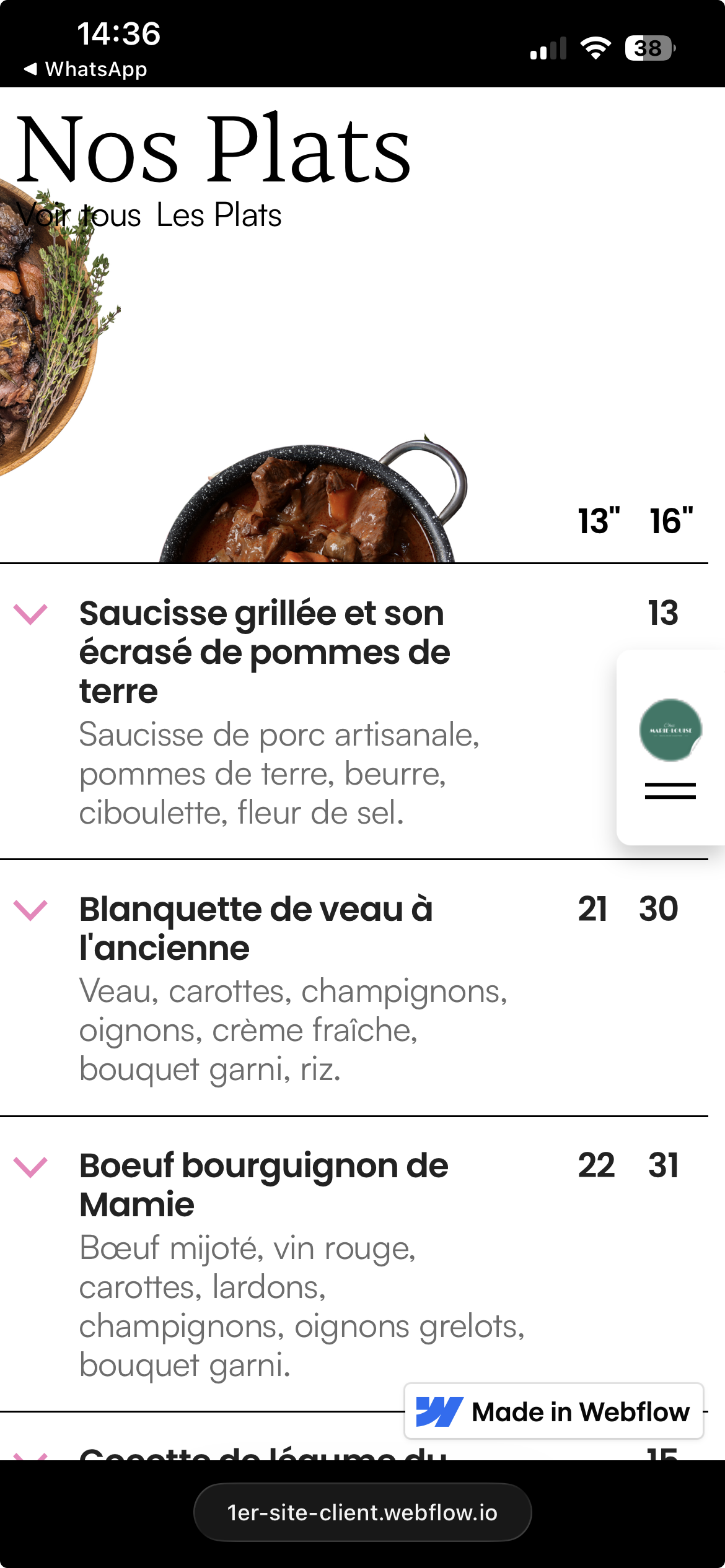 Carte du restaurant consultée sur la version mobile du site