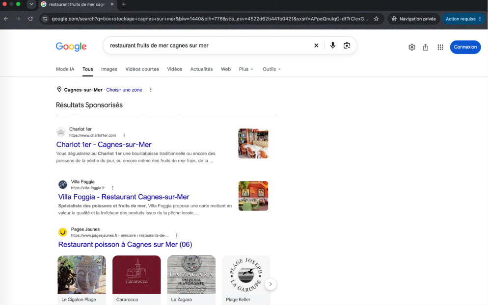 Résultats sponsorisés Google mettant en avant le restaurant Charlot 1er
