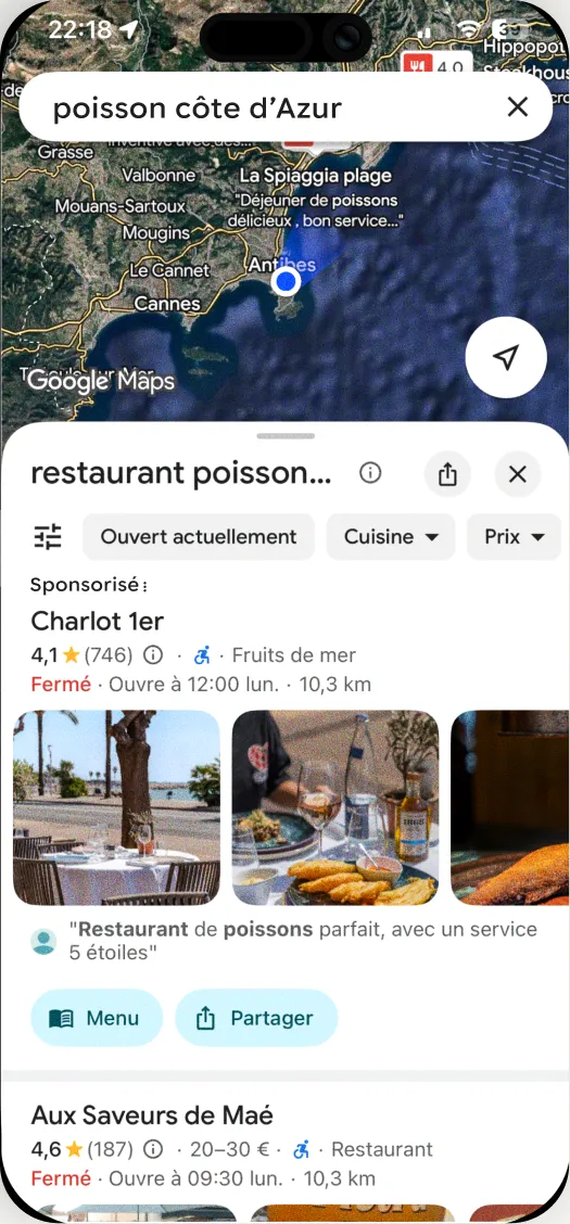 Annonce sponsorisée Google Maps pour un restaurant sur mobile