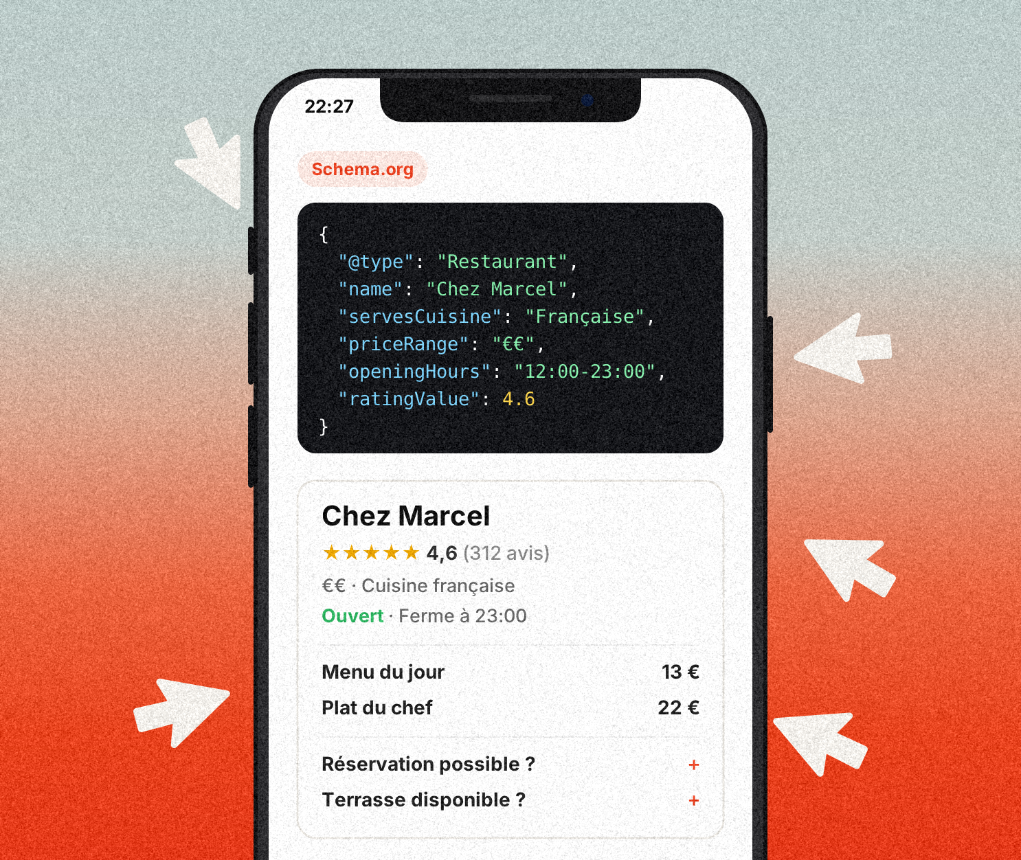 Carte du restaurant affichée directement sur le site, sur mobile