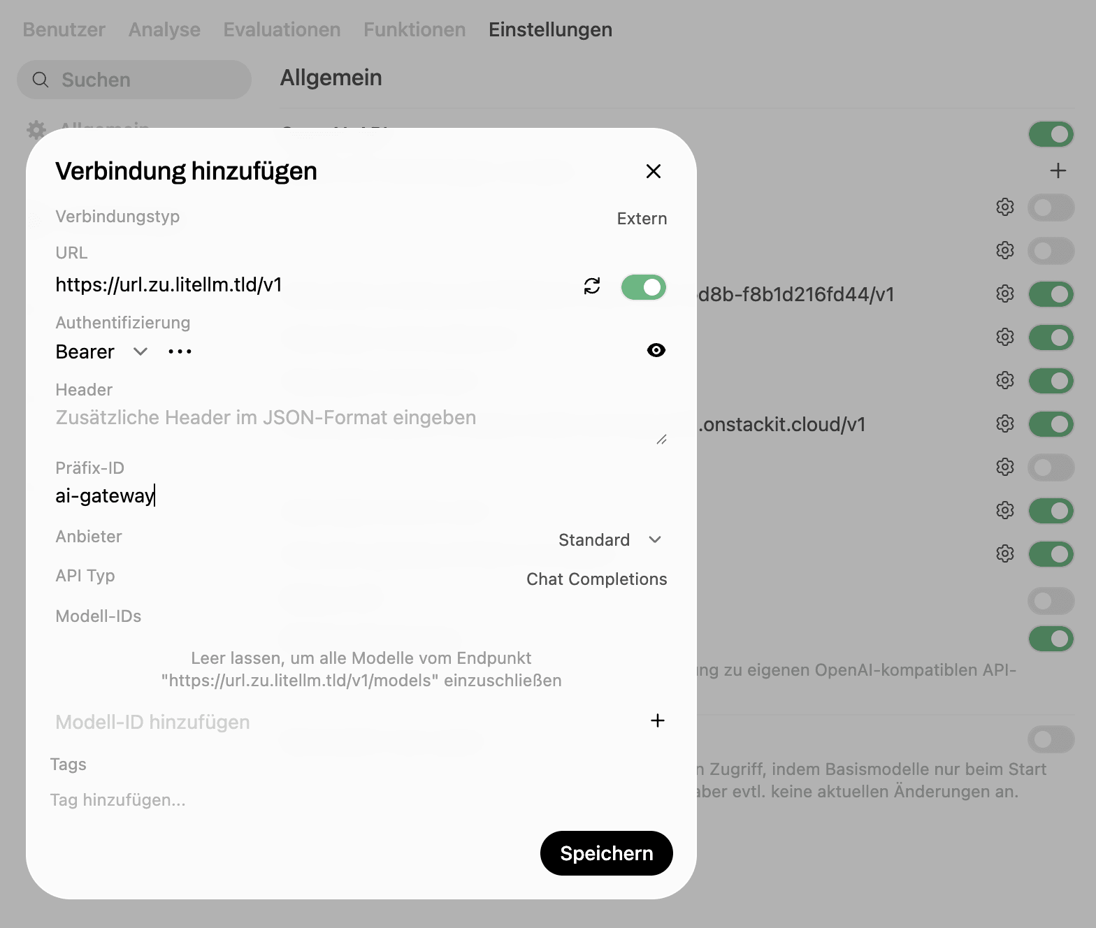 Dialog “Verbindung hinzufügen” showing external URL https://url.zu.litellm.tld/v1, Bearer auth, API type “Chat Completions”."