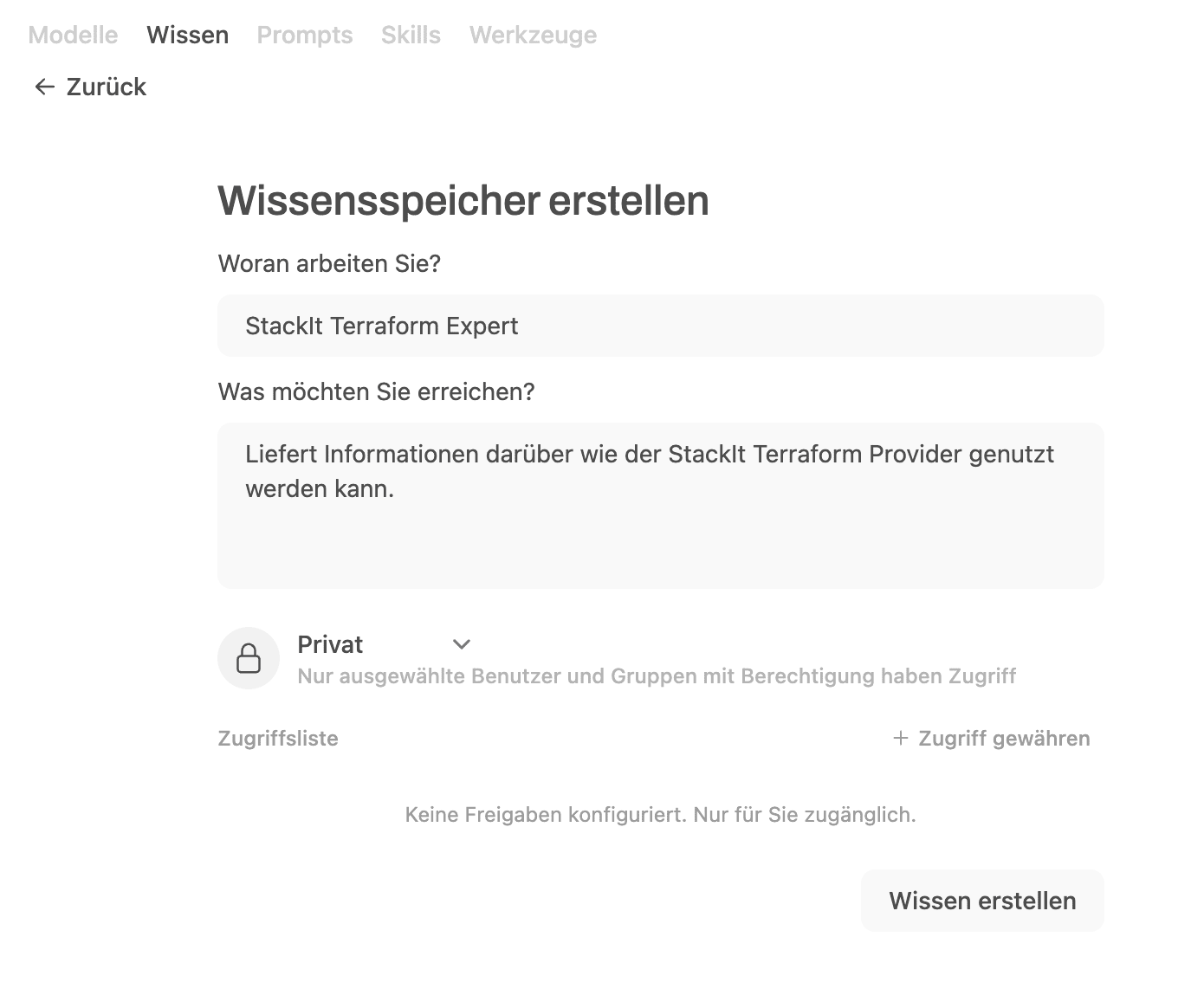 Form titled “Wissensspeicher erstellen” with StackIt Terraform Expert and private access settings.