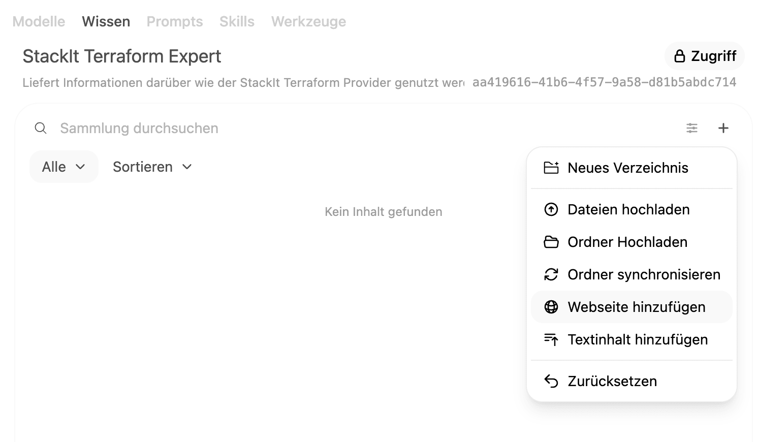 Screenshot of “StackIt Terraform Expert” collection: “Kein Inhalt gefunden” with open add menu (e.g., “Dateien hochladen”, “Neues Verzeichnis”).