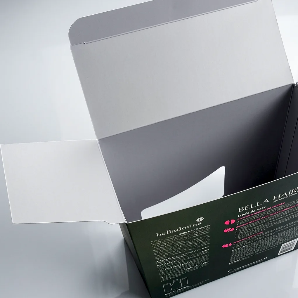 Embalagem personalizada. Qualidade superior impressão em cmyk, laminação soft touch e Pantone® 806 fluorescente. Caixa aberta.