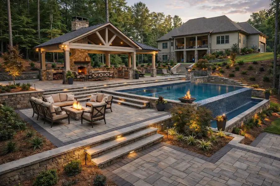 Outdoor living space with pool, pavilion, fireplace, and patio
