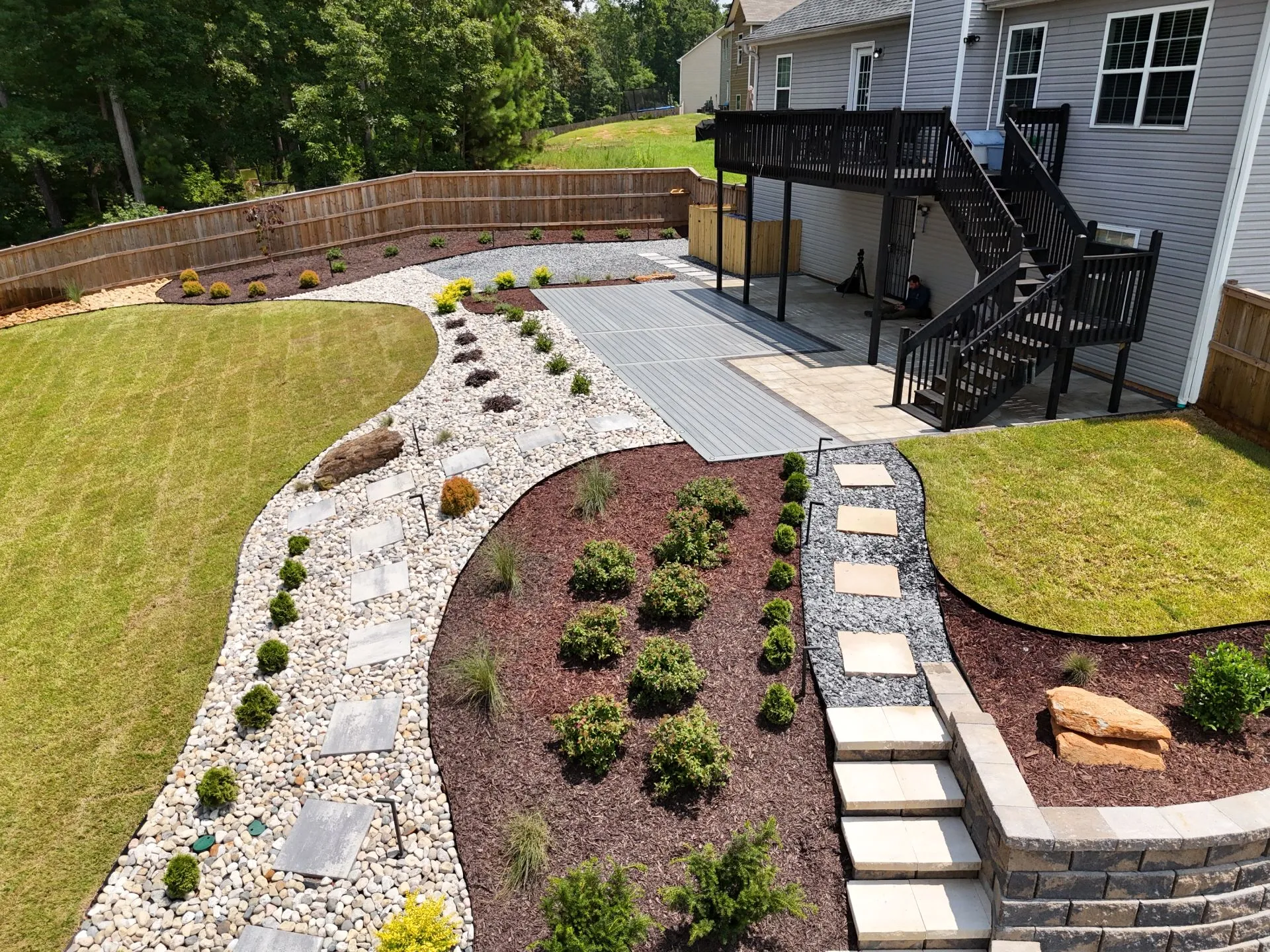 Backyard landscape and patio design with stone steps and garden beds