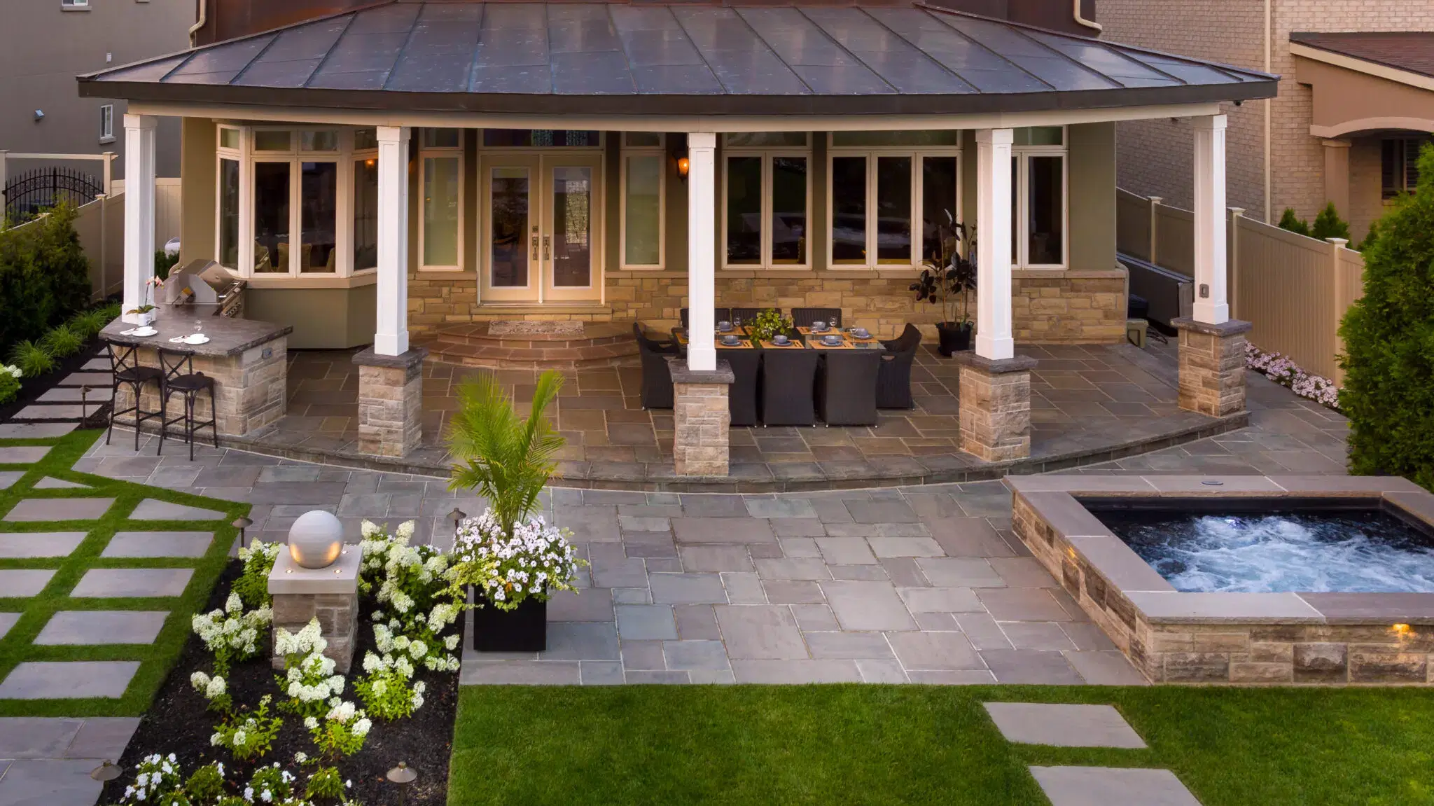 Landscaping Outdoor Kitchen With Covered Patio And Spa