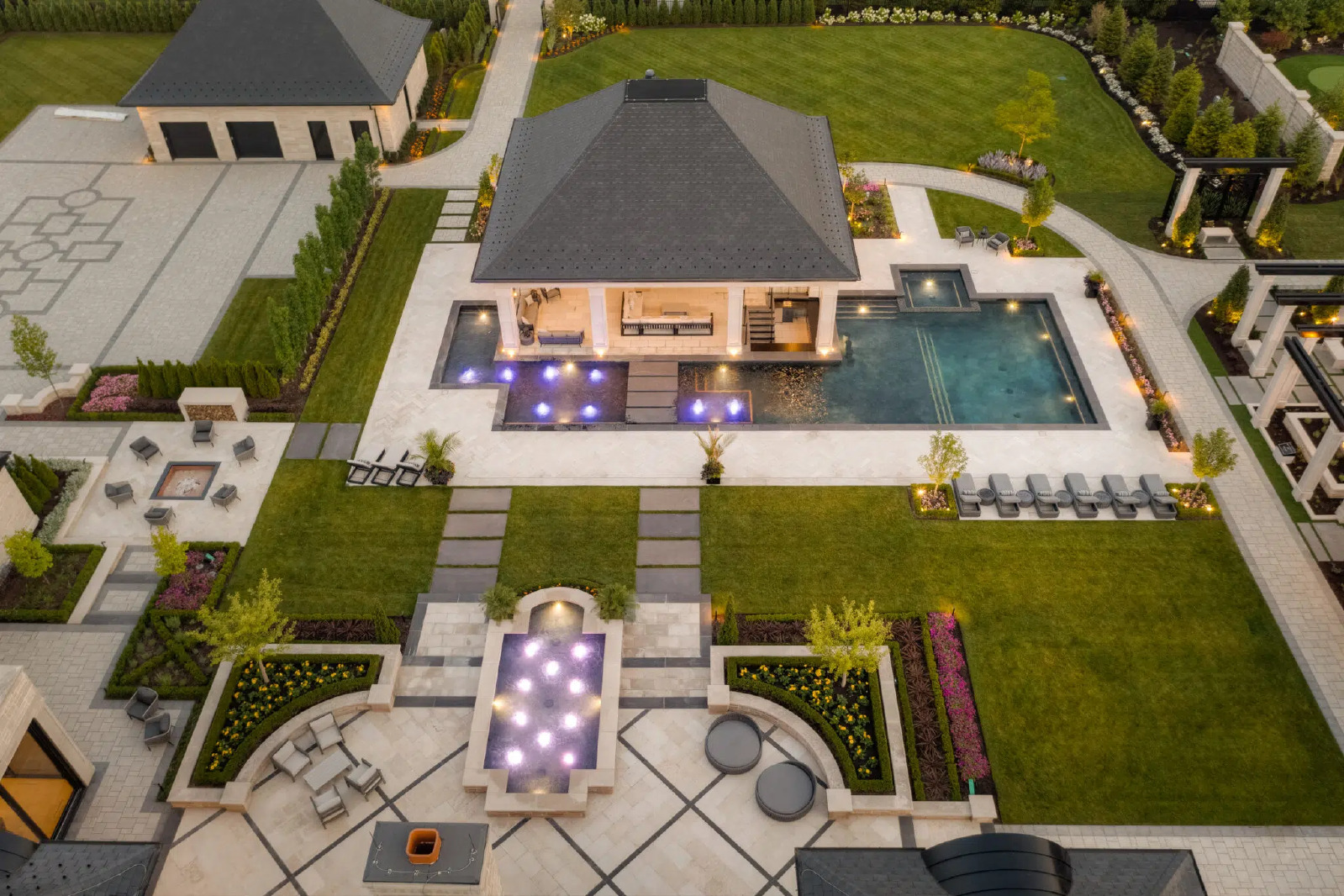 Custom Home Landscaping With Pool, Pavilion And Water Features