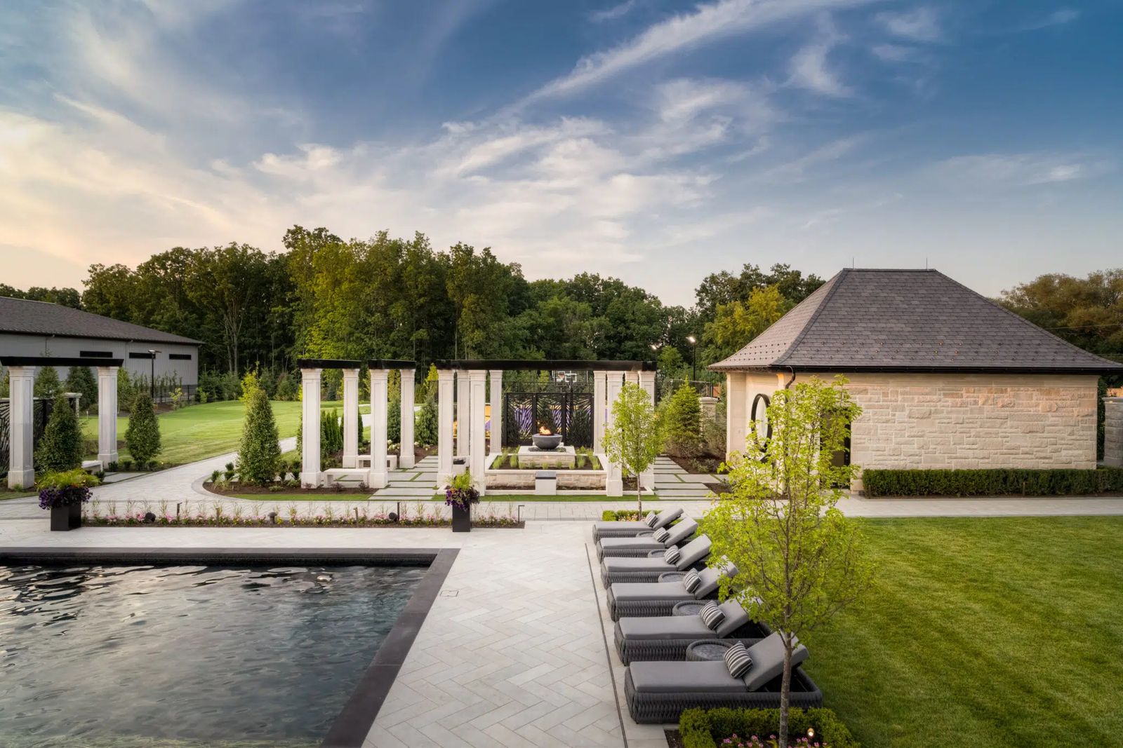 Outdoor Living Space Design With Covered Patio And Pool