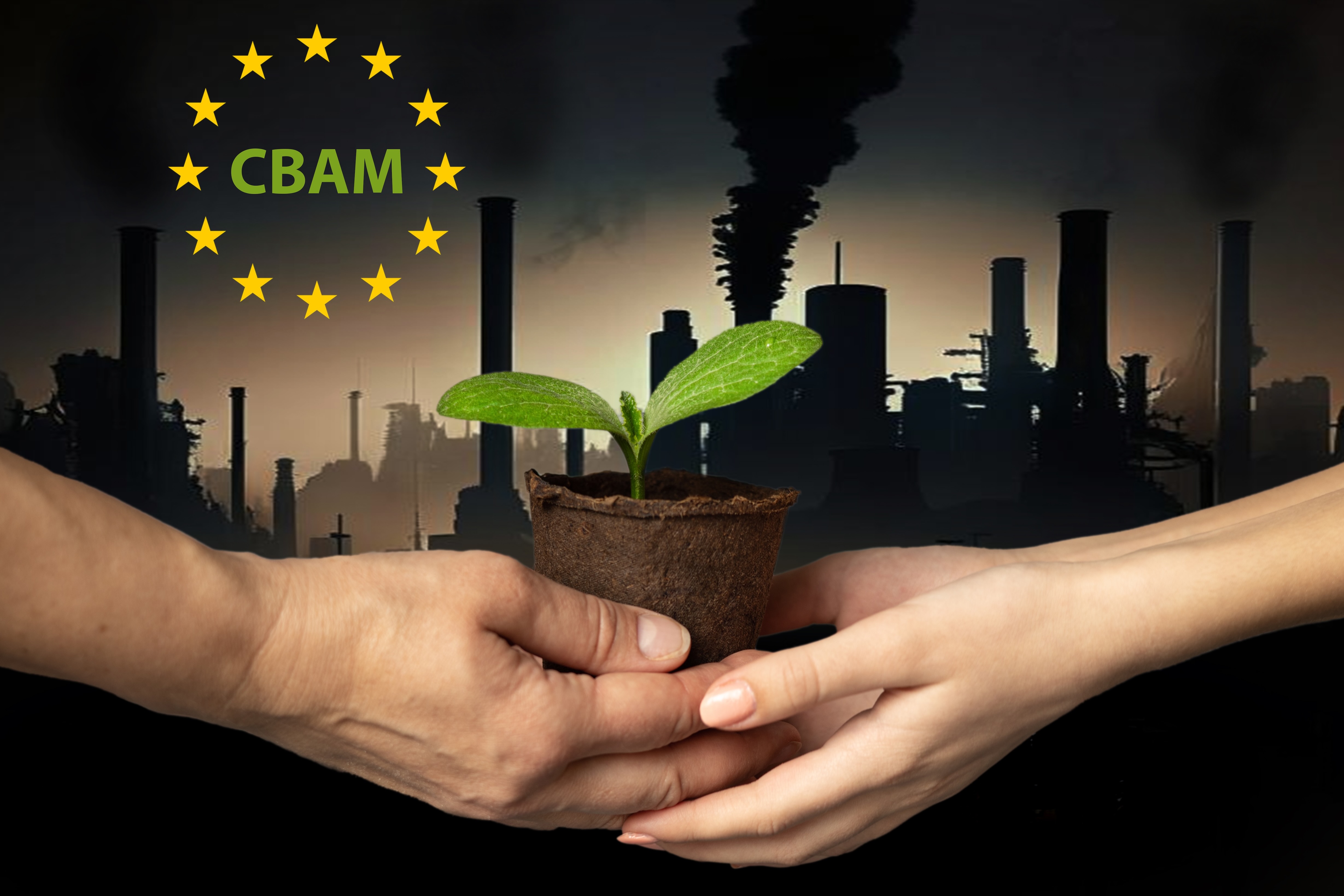 Hands holding a seedling in front of industrial chimneys, with the CBAM name and EU stars