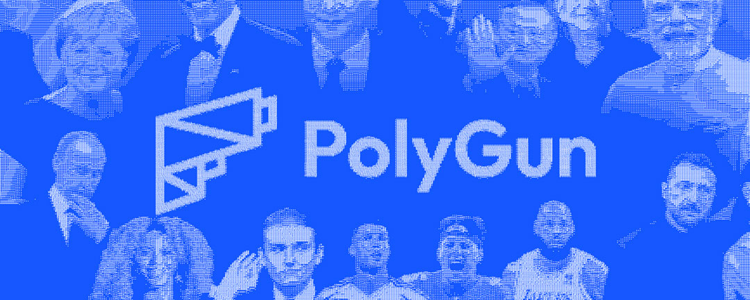 White ASCII Polygun logo on a blue background with ASCII people.