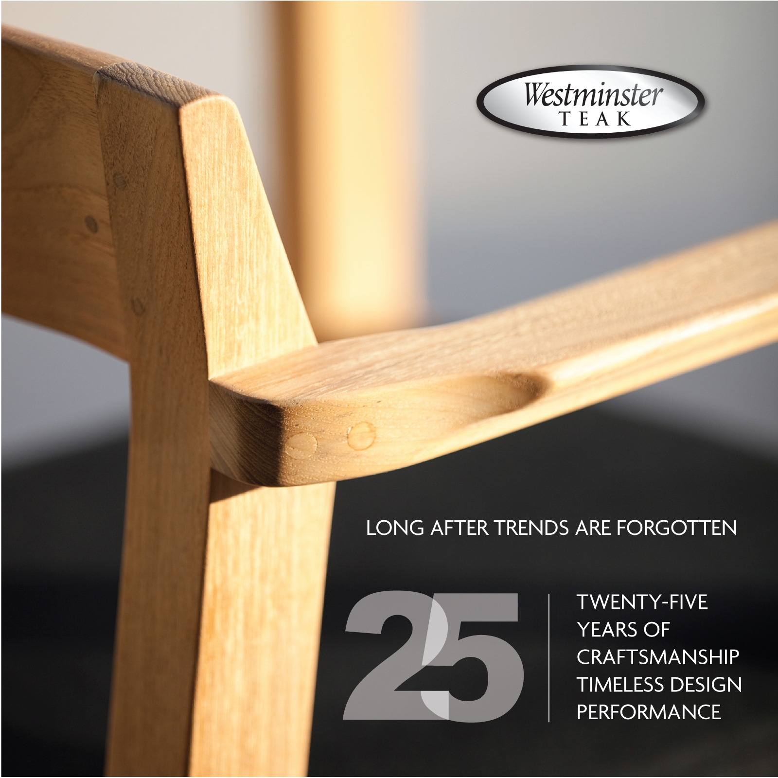 Westminster Teak 25th anniversary logo under a Horizon teak armchair