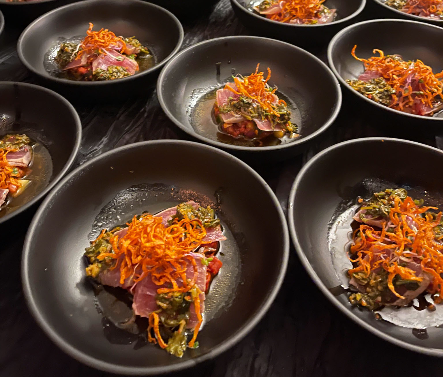 Multiple Seared Ahi Tuna Entrees in non-stick frying pans