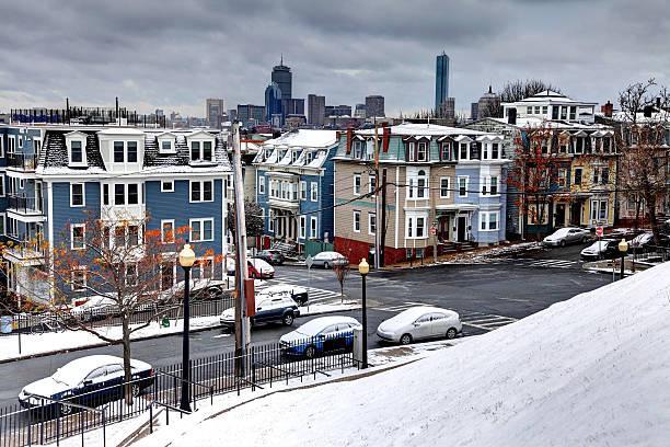 An aerial image of Row Homes in the winter in the South area of the city known as Southie Boston.
