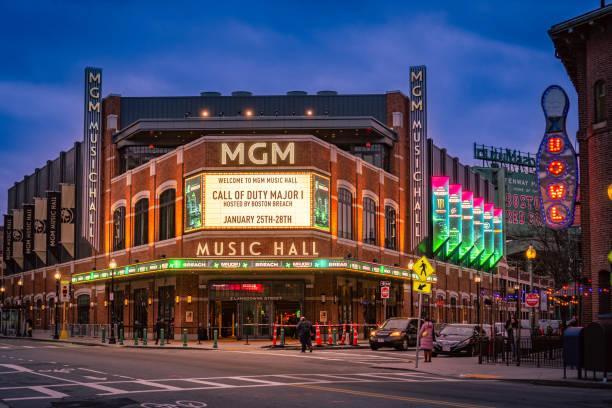 An image of the MGM Music Hall next to Fenway Stadium at night in Boston’s entertainment district.