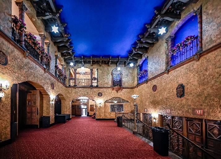 A large building with a blue ceiling
