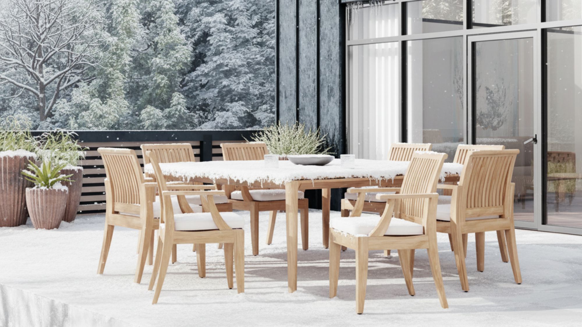 a teak furniture table in the snow