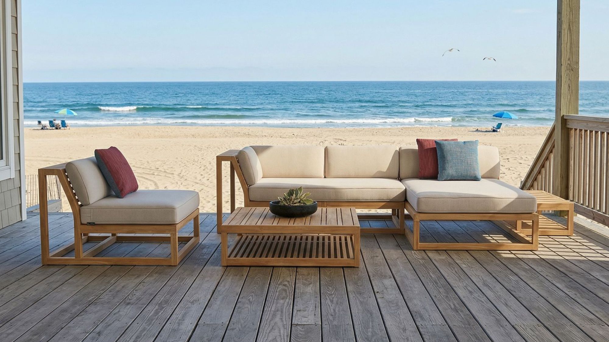 a teak furniture lounge set at a beach house